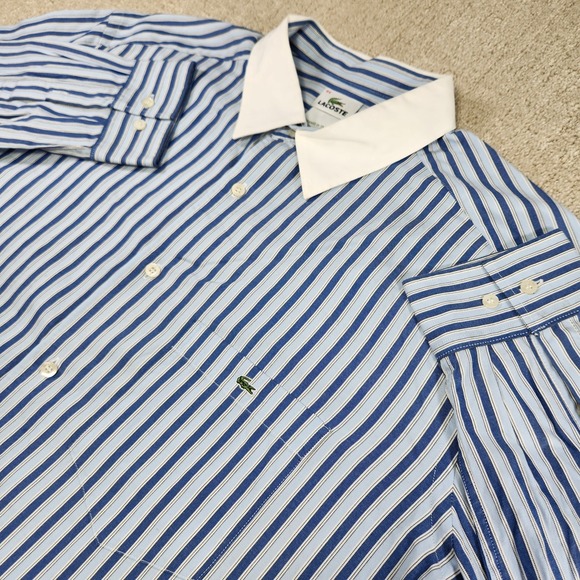 Vintage Lacoste Shirt Men 44 (XL) Vertical Striped Button Up Alligator Logo Blue - Picture 1 of 11